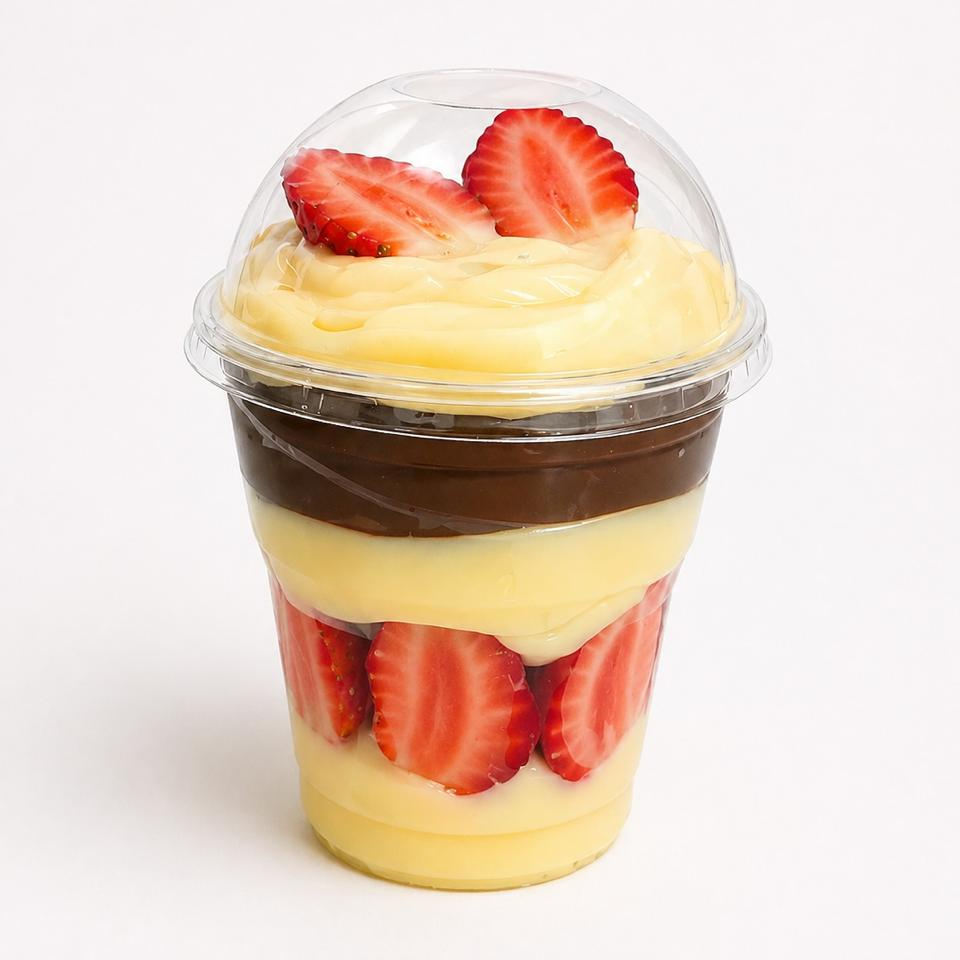 Brigadeiro branco, cacau 50%, morango