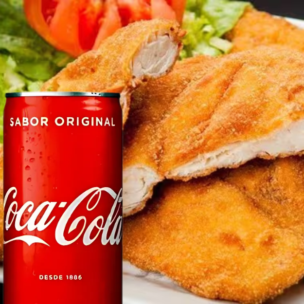 Filé de frango crocante, empanado no ponto certo, suculento por dentro e dourado por fora. Acompanha arroz soltinho, feijão temperado, farofa crocante e macarrão.