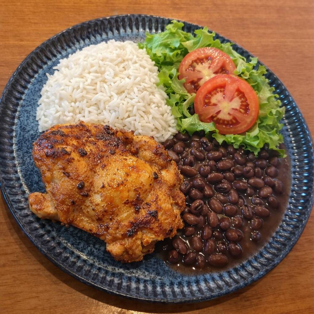 Sobrecoxa desossada suculenta, preparada no ponto certo, servida com arroz branco, feijão caseiro e uma salada leve com folhas frescas e tomate. Ideal para quem busca sabor e equilíbrio no mesmo prato.