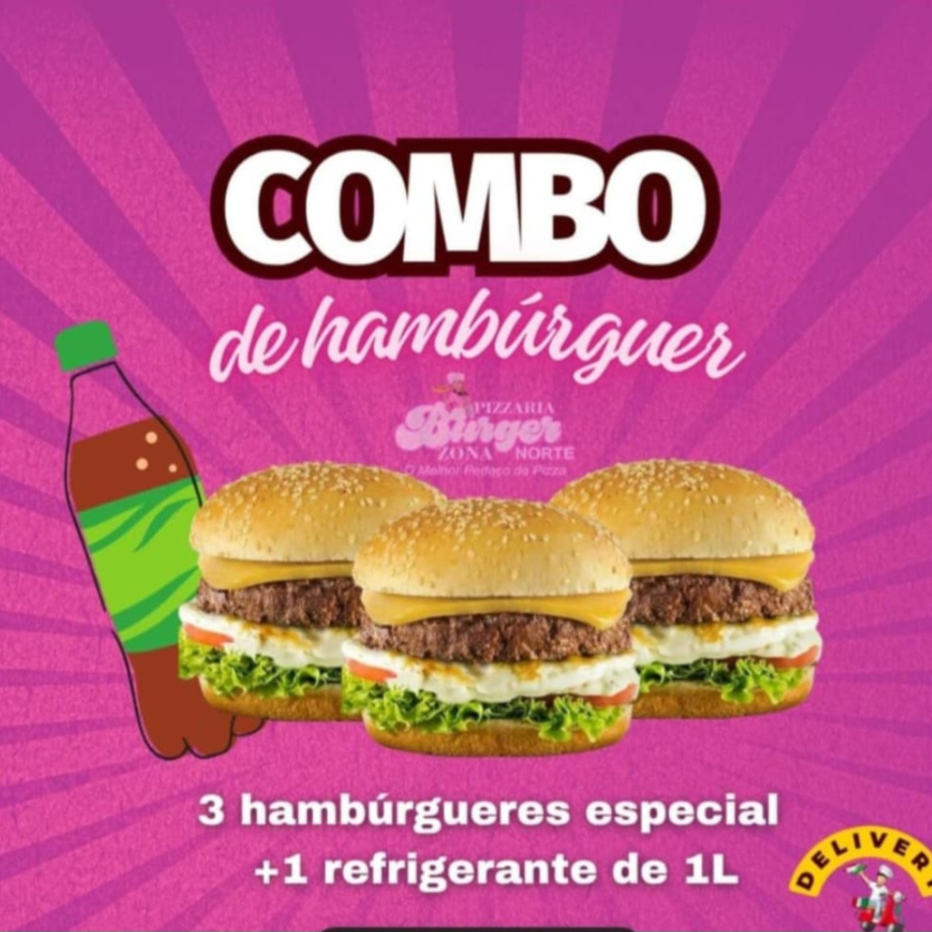 3 HAMBÚRGUERES ESPECIAIS + UM REFRIGERANTE DE 1L