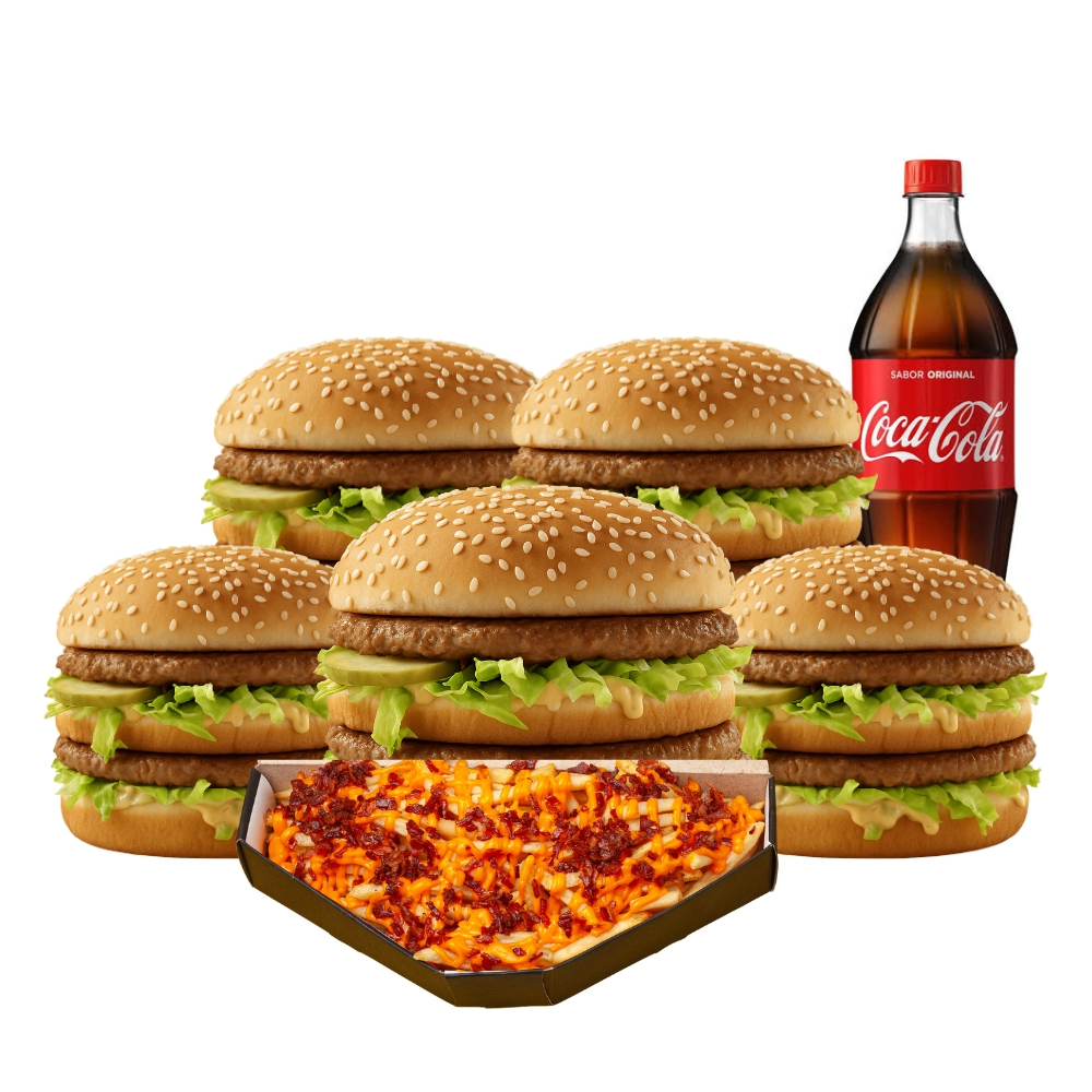 O combo 'Turbo' é a opção perfeita para famílias que desejam experienciar um deleite culinário inigualável. Composto por cinco suculentos lanches 'Big', escolhidos ao seu gosto, este combo se destaca pela qualidade e pelo sabor. Acompanha uma generosa barca de batatas fritas, irresistivelmente crocantes, banhadas em um cremoso cheddar e finalizadas com pedaços de bacon crocante. Para completar a r