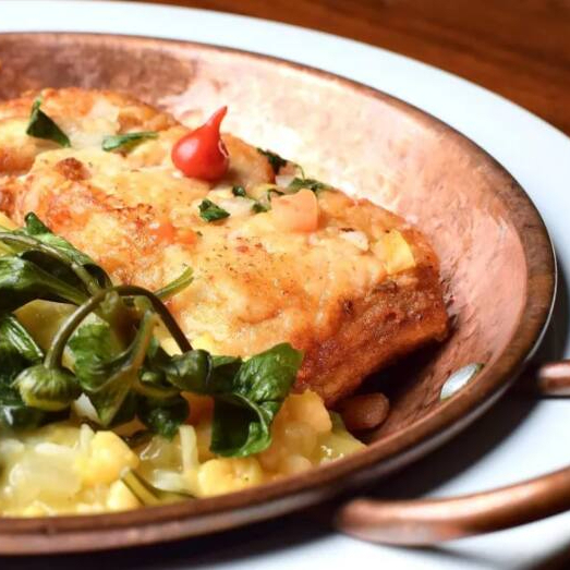 File de dourada, preparado no forno com arroz paraense na redução de creme de tucupi.