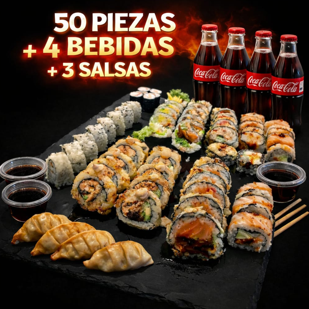 50 Piezas Sushi + 4 Té Fríos + 4 Gyozas + 2 Salsas