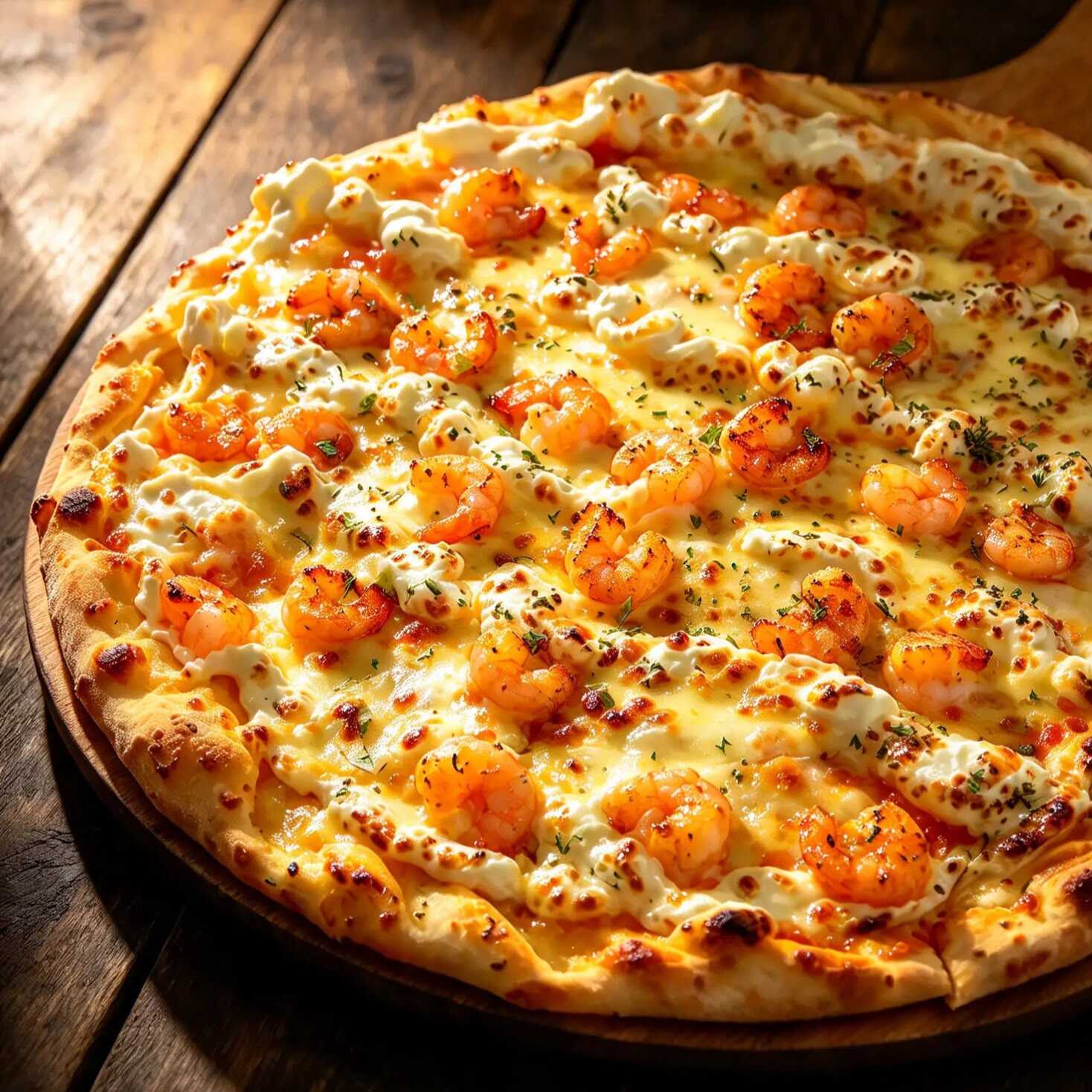 Deliciosa Pizza com filé de camarão, queijo mussarela argentino e cream cheese premium.