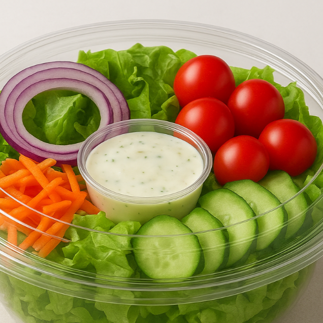 Alface, cenoura ralada, Beterraba ralada, Tomate Cereja, cebola roxa, Pepino, Croutons e molho especial de iogurte, Mel e Limão.