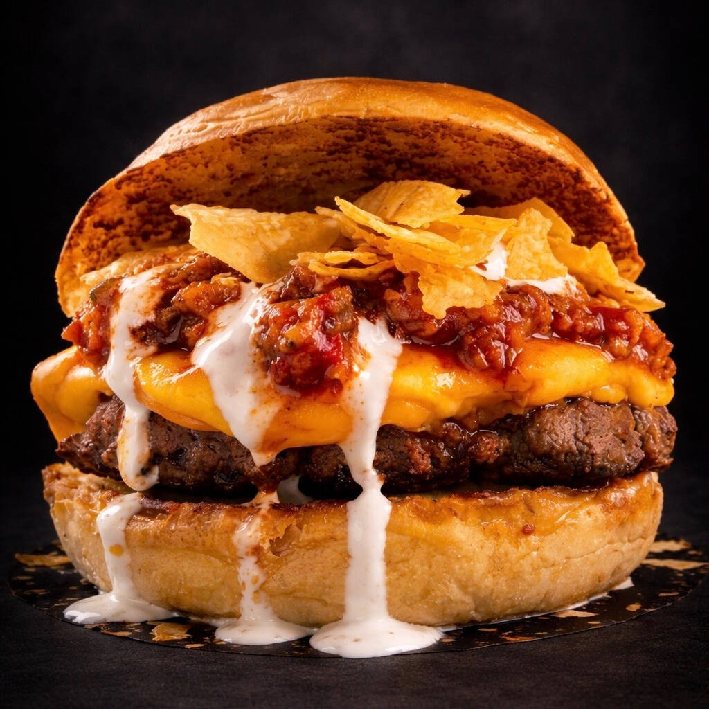 Pão de Batata, blend da casa (160g), queijo cheddar da casa, molho chilli, molho sour cream e nachos.