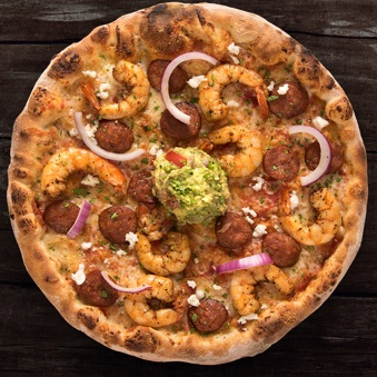 Pizza Camarones Morita, Guacamole y Chorizo