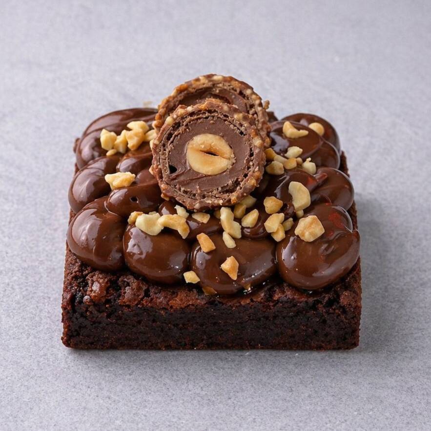Brownie super chocolatudo, coberto com brigadeiro de chocolate, nutella, amendoim e finalizado com um bombom ferrero