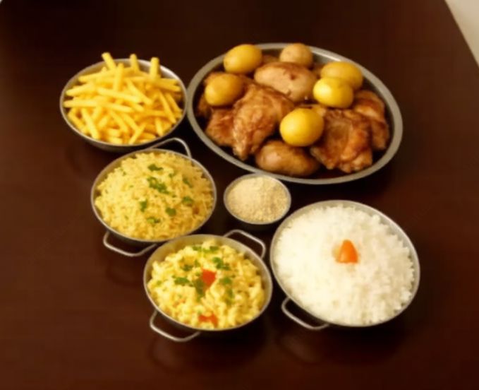 Frango, farofa, macarronese, arroz, salpicão e batata frita
