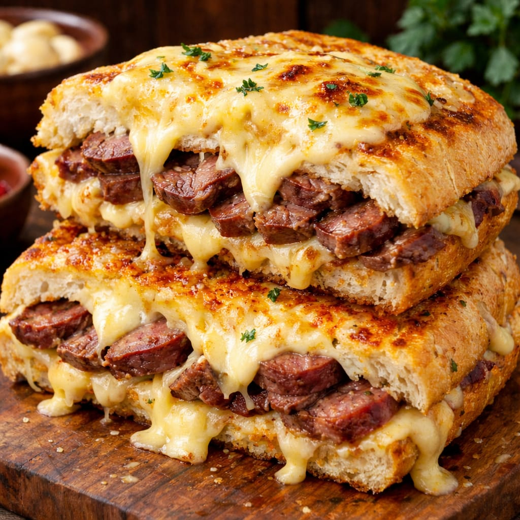 Pão francês, pasta de alho, carne de alcatra fatiada, queijo derretido por dentro e por cima