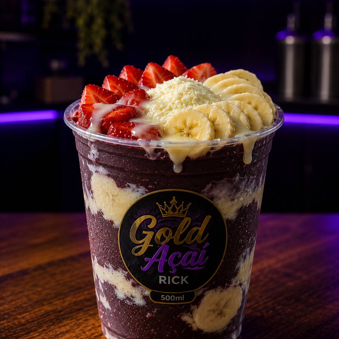 Um creme de açaí bem recheado com leite em pó, leite condensado, morango e banana.