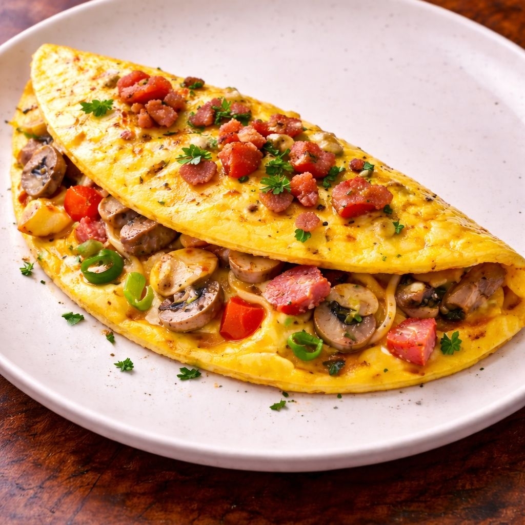 Omelete completa com... Ovos Presunto Queijo Cebola Cebolinha Salsinha Tomate Arroz branco Feijão Legumes salteados Salada