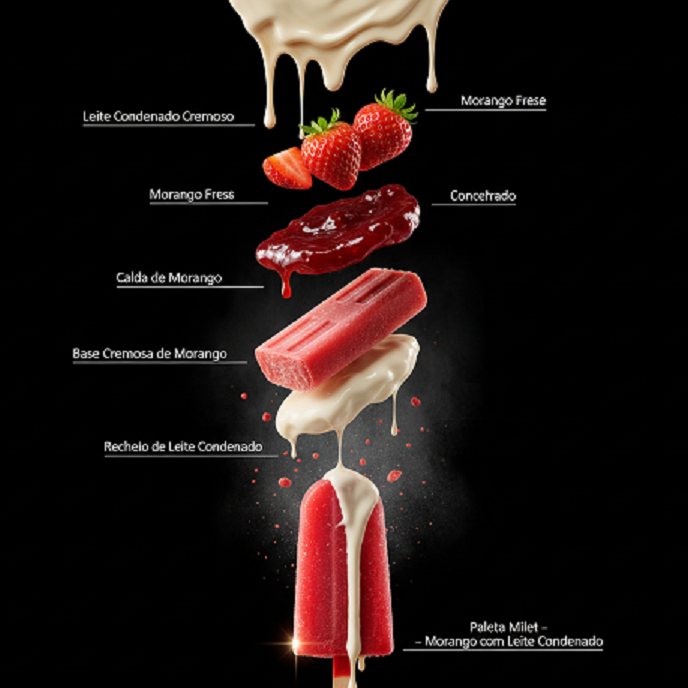 A Paleta Milet – Morango com Leite Condensado combina o sabor vibrante e levemente ácido do morango com a doçura irresistível do leite condensado cremoso. Por fora, uma base intensa de morango, gelada e suculenta. Por dentro, um recheio generoso de leite condensado que escorre a cada mordida, criando uma explosão de sabor. ✨ Morango marcante e refrescante 🥛 Recheio cremoso e indulgente ❄️ Textura artesanal e ultra gelada 💎 Experiência premium a cada mordida Perfeita para quem ama contraste entre doce e frutado. Peça agora e descubra o sabor que está conquistando todo mundo. 🍦🍓