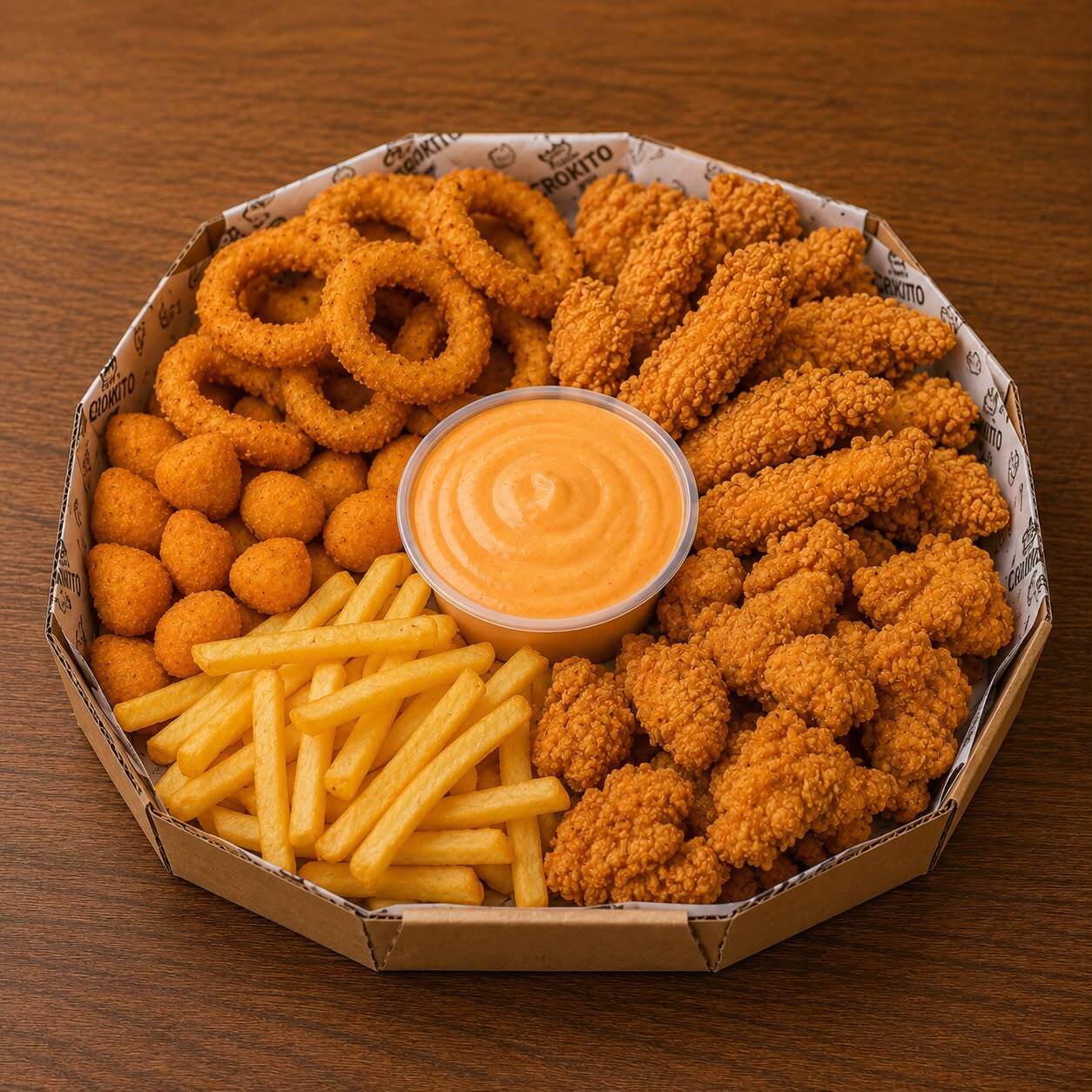 Serve até 5 Pessoas !
Uma Caixa saborosa de tirinhas de frango crocantes, batata frita, Anel de Cebola, mini salgados e super molho no meio. Combo fechado, sem alterações.