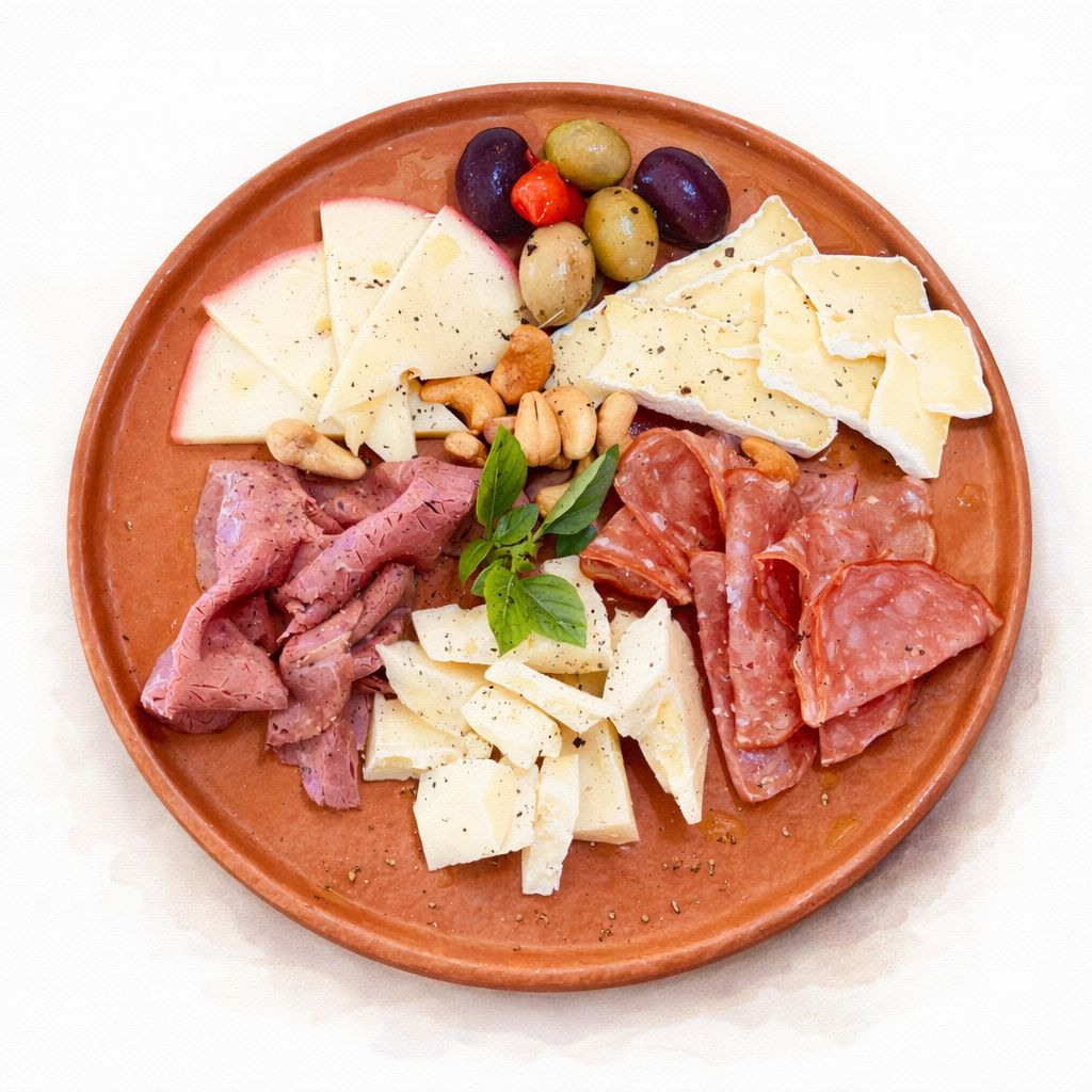 Pastrami, salame, queijo brie, queijo Gouda, parmesão, azeitonas marinadas e castanhas.