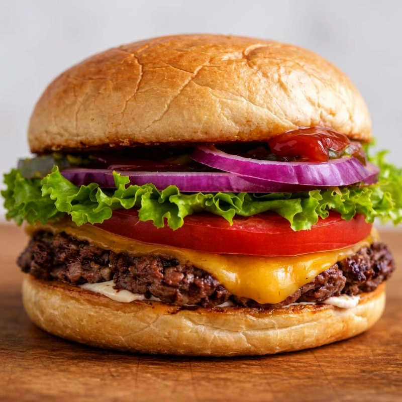 Pão brioche, Burger Smash 80g, queijo cheddar , cebola roxa, alface, tomate e molho americano.