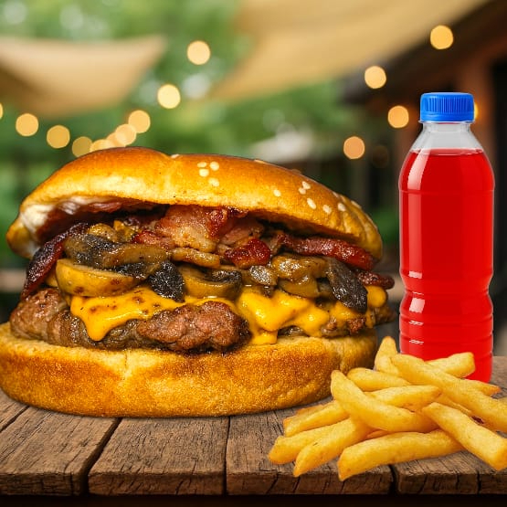 Combo Cheeseburger Con Tocino Y Champiñón 🍔+🍟+🥤