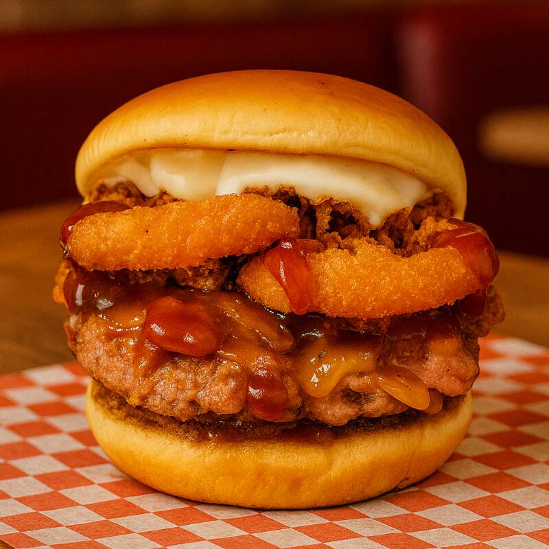 PÃO, BURGUER 160GR, CEBOLA CARAMELIZADA, BARBECUE, 3 UN ONION, CEBOLA CRISPY E MAIONESE DA CASA