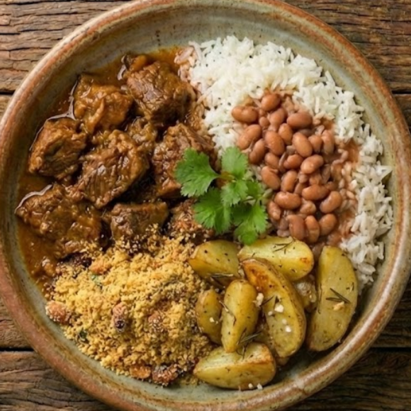 Carne de Panela, Batata Rústica, Arroz, Feijão e Farofa
