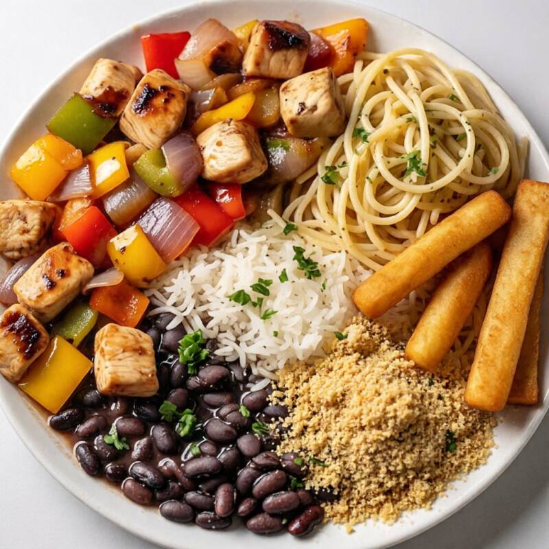Diretamente da culinária oriental, frango xadrez feito com cubos de frango, pimentão colorido de cebola, junto com molho especial do cheff, junto com arroz branco, feijão fresquinho, farofa da casa, macarrão do Dia e batata frita artesanal.