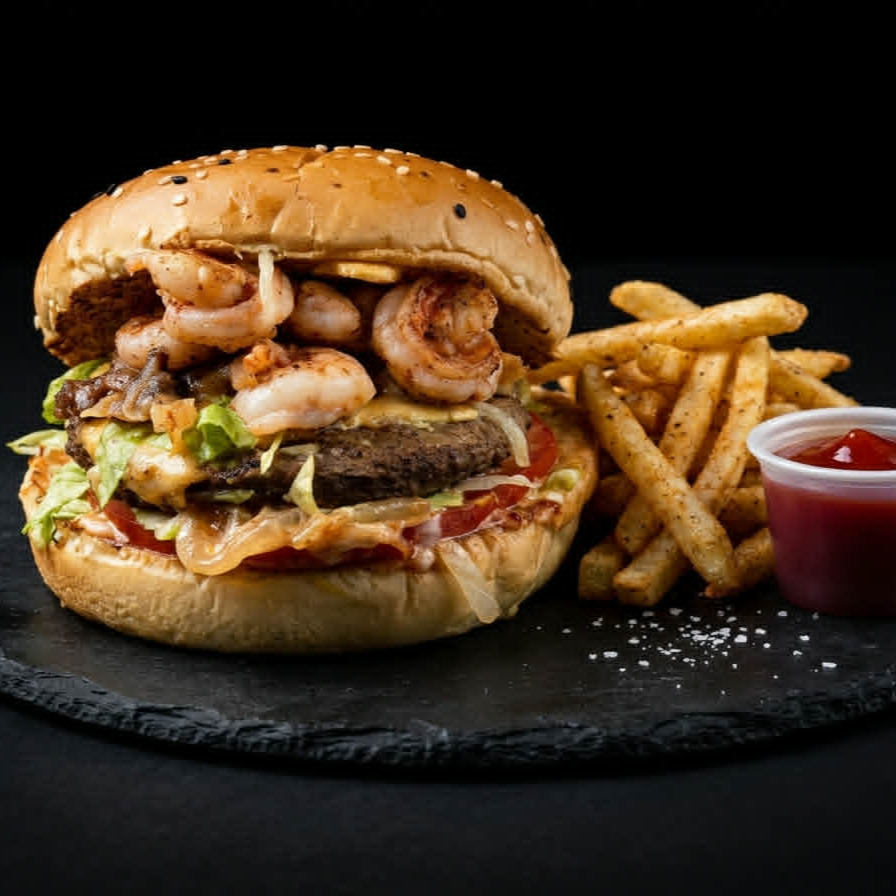 Hamburguesa Mar y Tierra con Papas