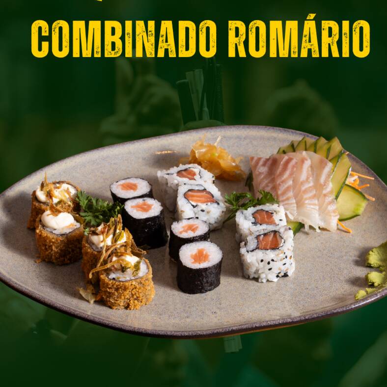 4 sashimis de filé de saint peter, 4 hossomakis de salmão, 4 uramakis de salmão com cheese, 4 hot rolls com alho poró crispy