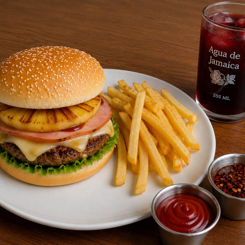 Hamburguesa Hawaiana, Porción de Papas y Agua 255