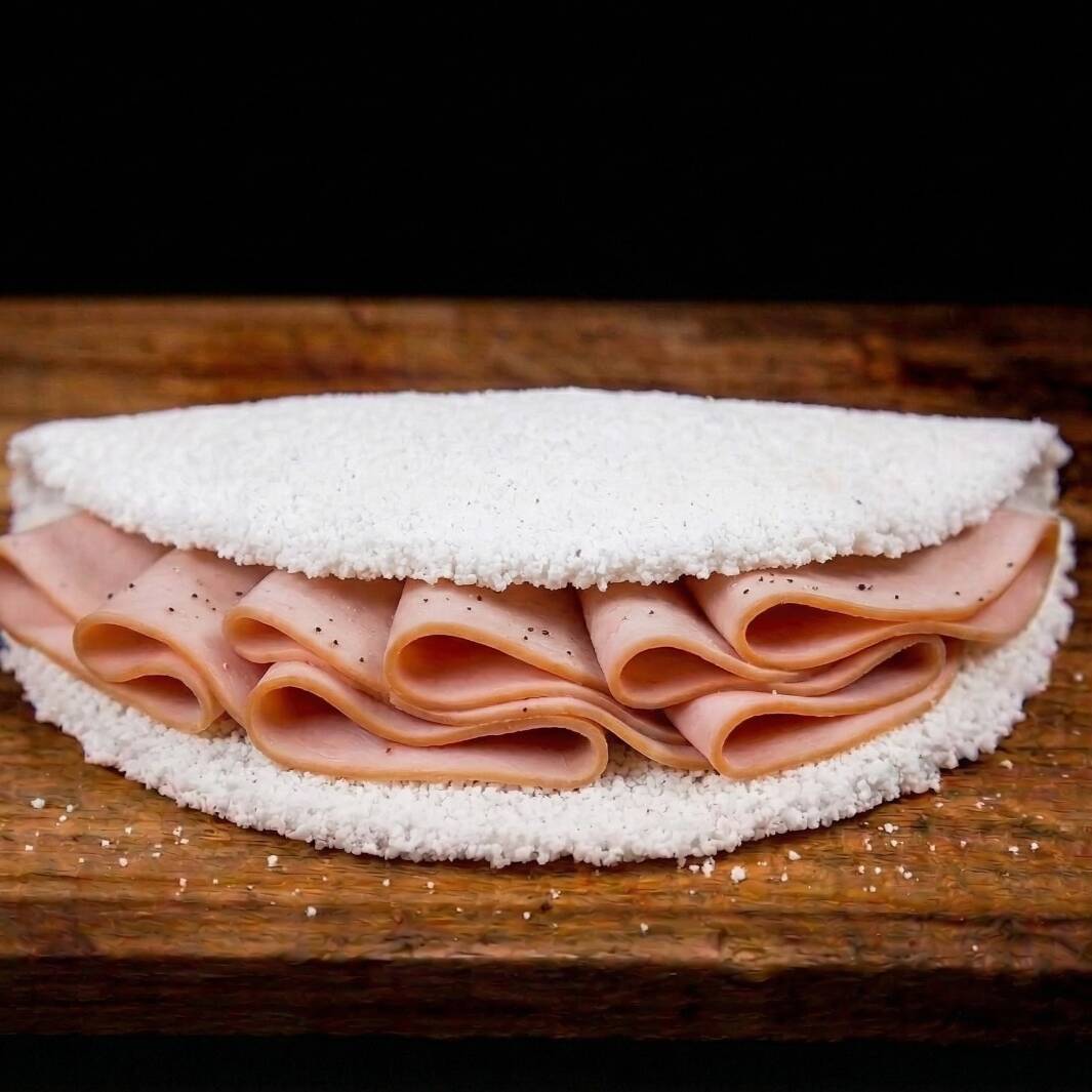 Tapioca recheada com peito de peru.