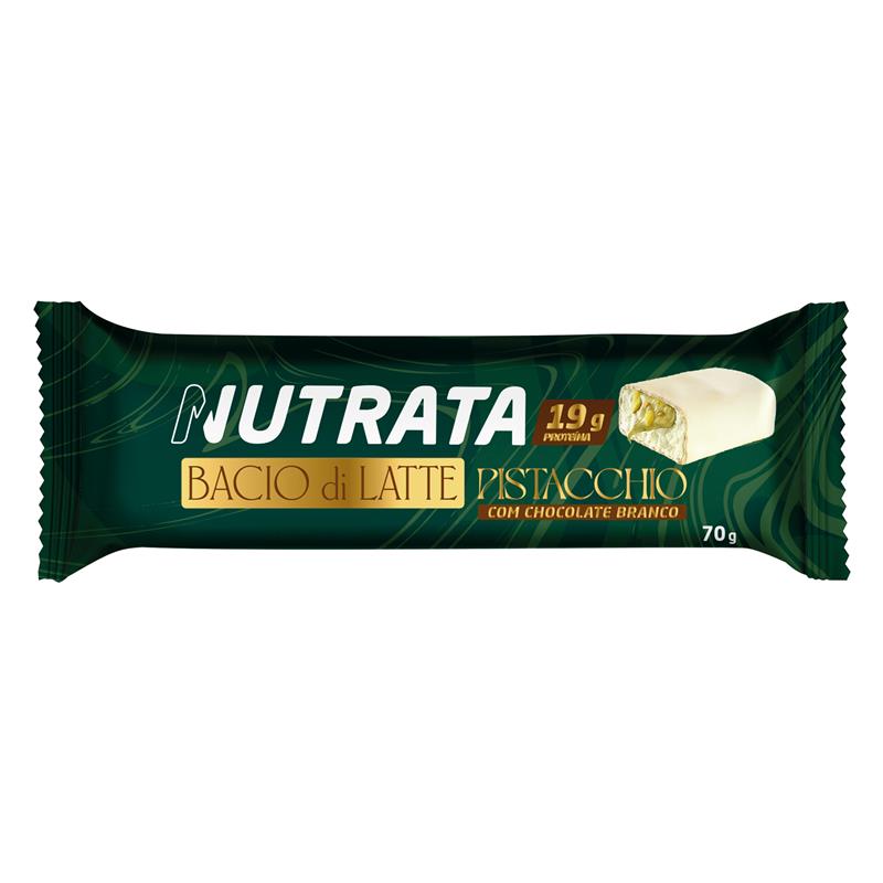 Barra de proteína Nutrata e Bacio di Latte sabor Pistacchio com chocolate branco. Traz o legítimo pistache da Bacio di Latte, combinando cremosidade, proteína (19g) e o sabor que só a Nutrata oferece.