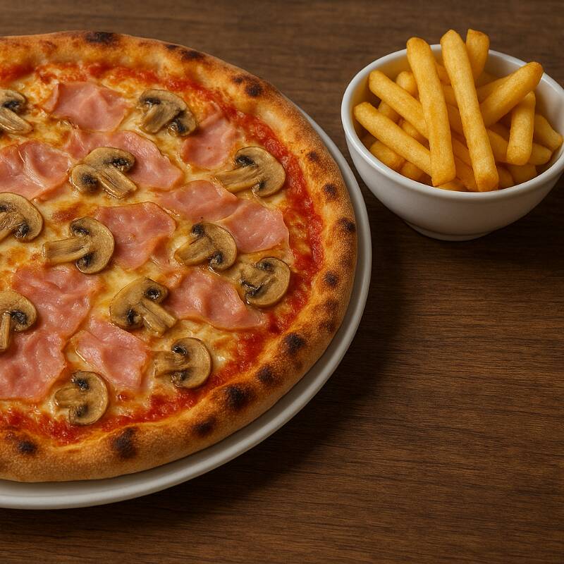 Pizza Champiñon y Jamón + Papas Fritas