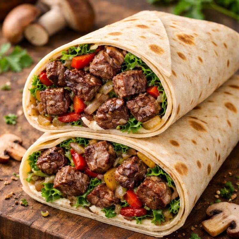 Wrap leve recheado com mix de folhas, cenoura fresca, tomate, cubos de alcatra grelhados e pasta de ervas, unindo frescor, proteína e sabor marcante em uma refeição equilibrada. Proteína 150g