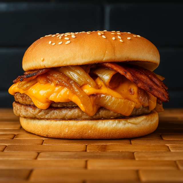 Pão, 2 carnes, creme de cheddar, bacon e cebola crispy