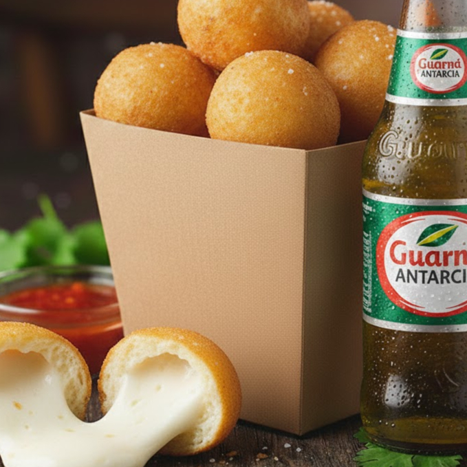 Baldinho de bolinha de presunto de queijo com 8 unidades (22g por unidade) + 1 refrigerante 200 ml