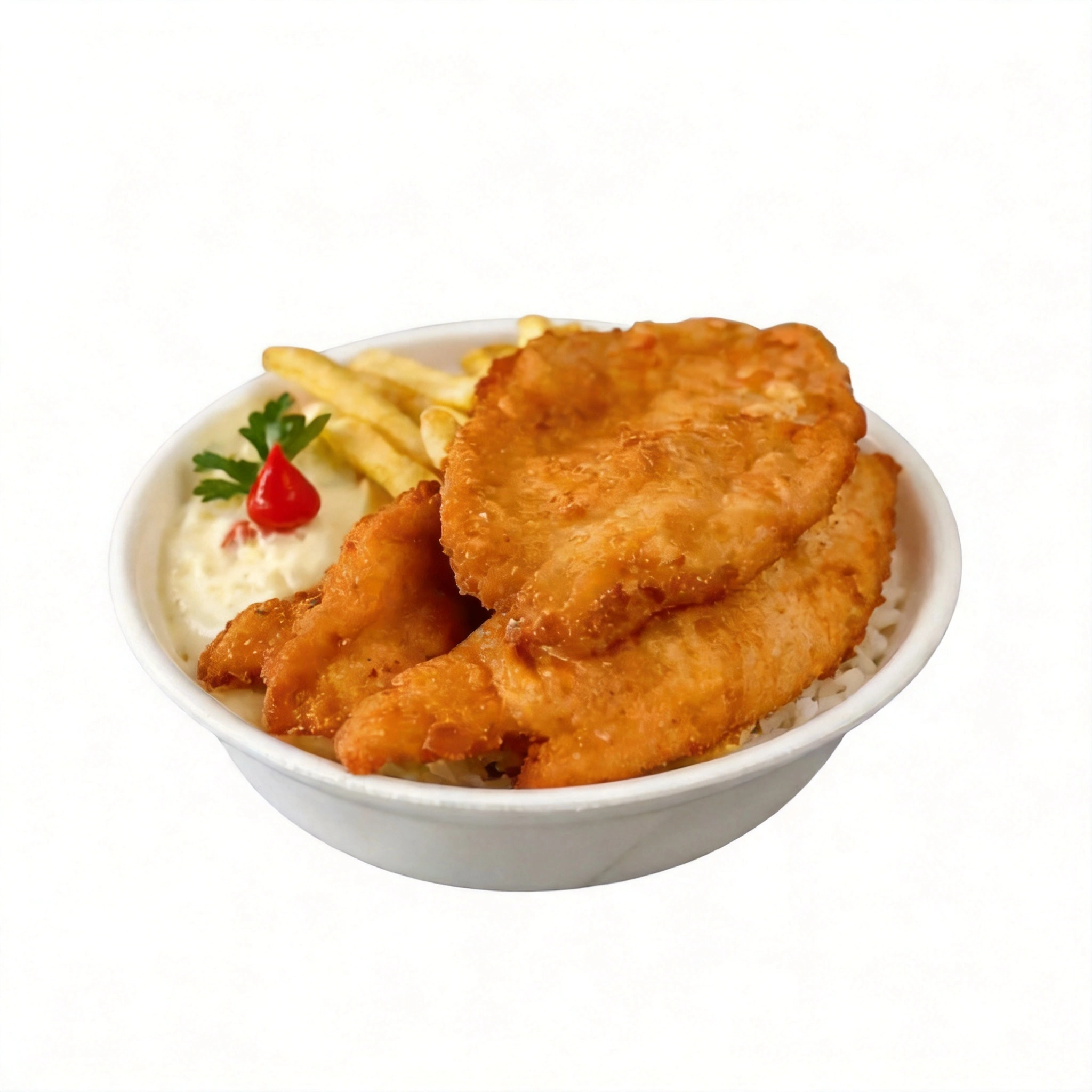 Acompanhada de Arroz branco, Feijão de caldo com Fritas.