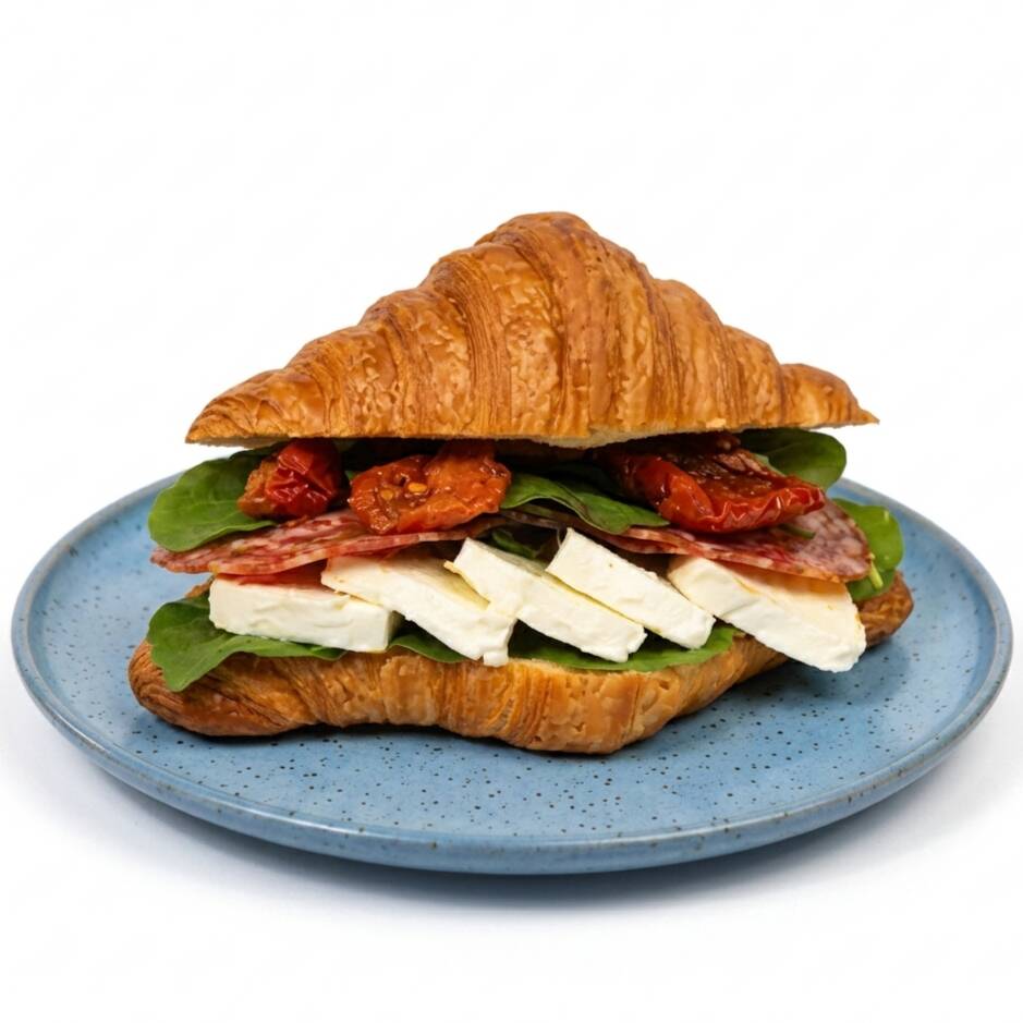 Croissant folhado, leve e amanteigado, com massa delicadamente laminada e assada até ficar dourada e crocante por fora, mantendo o interior macio e delicado.
Recheado com queijo branco, tomate seco, rúcula fresca e salame, uma combinação saborosa e equilibrada entre a suavidade do queijo, o frescor da rúcula, o sabor marcante do tomate seco e a intensidade do salame.
Peso aproximado: 300 g.