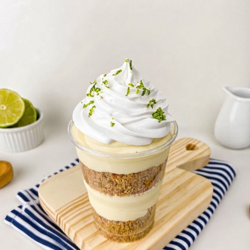 Nosso Copinho da Felicidade de Torta de Limão é feito com deliciosas camadas de farofinha crocante de biscoito e um mousse de limão super cremoso, finalizado com nosso chantininho leve e aveludado e raspinhas de limão para um toque refrescante.