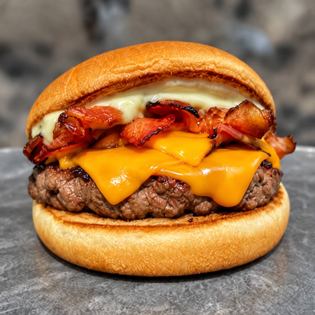 Pão Artesanal, 1 Blend de Costela Bovinos 200 Gramas, 2x Queijo Mussarela, 2x Tiras De Bacon, Molho De Alho, Cebola Roxa, Molho Catupiry, Tomate e Alface.