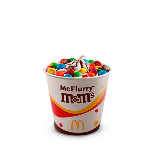 Sobremesa composta por bebida láctea sabor baunilha, cobertura sabor chocolate, caramelo ou morango e confeitos de chocolate M&M’s ao leite.