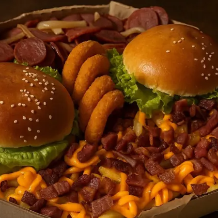 2 Hambúrgueres + Porção de Batata com Cheddar Bacon + Porção de Calabresa Acebolada + 4un Cebola Empanada. Escolha abaixo o seu burguer favorito