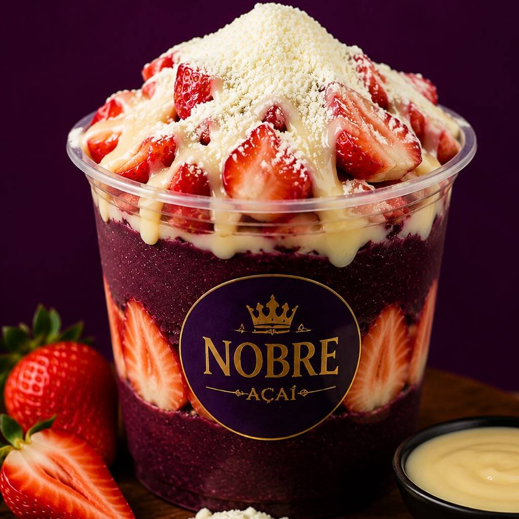 Açaí cremoso com leite ninho, leite condensado e a escolha entre banana ou morango. Uma combinação simples, cremosa e deliciosa!