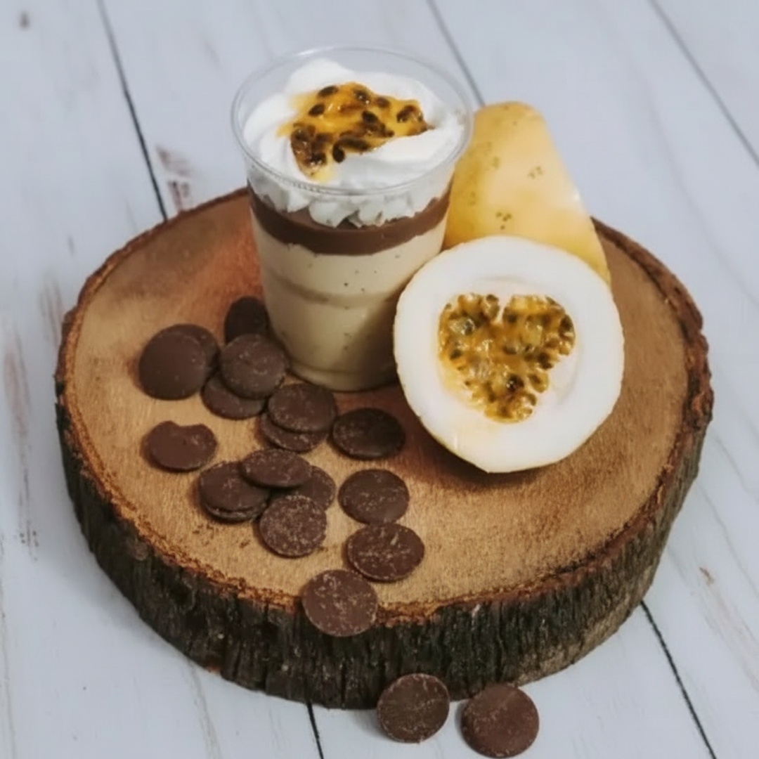 Copo da Felicidade com mousse de maracujá, ganache de chocolate meio amargo e chantilly. Equilíbrio perfeito entre doce e azedinho!