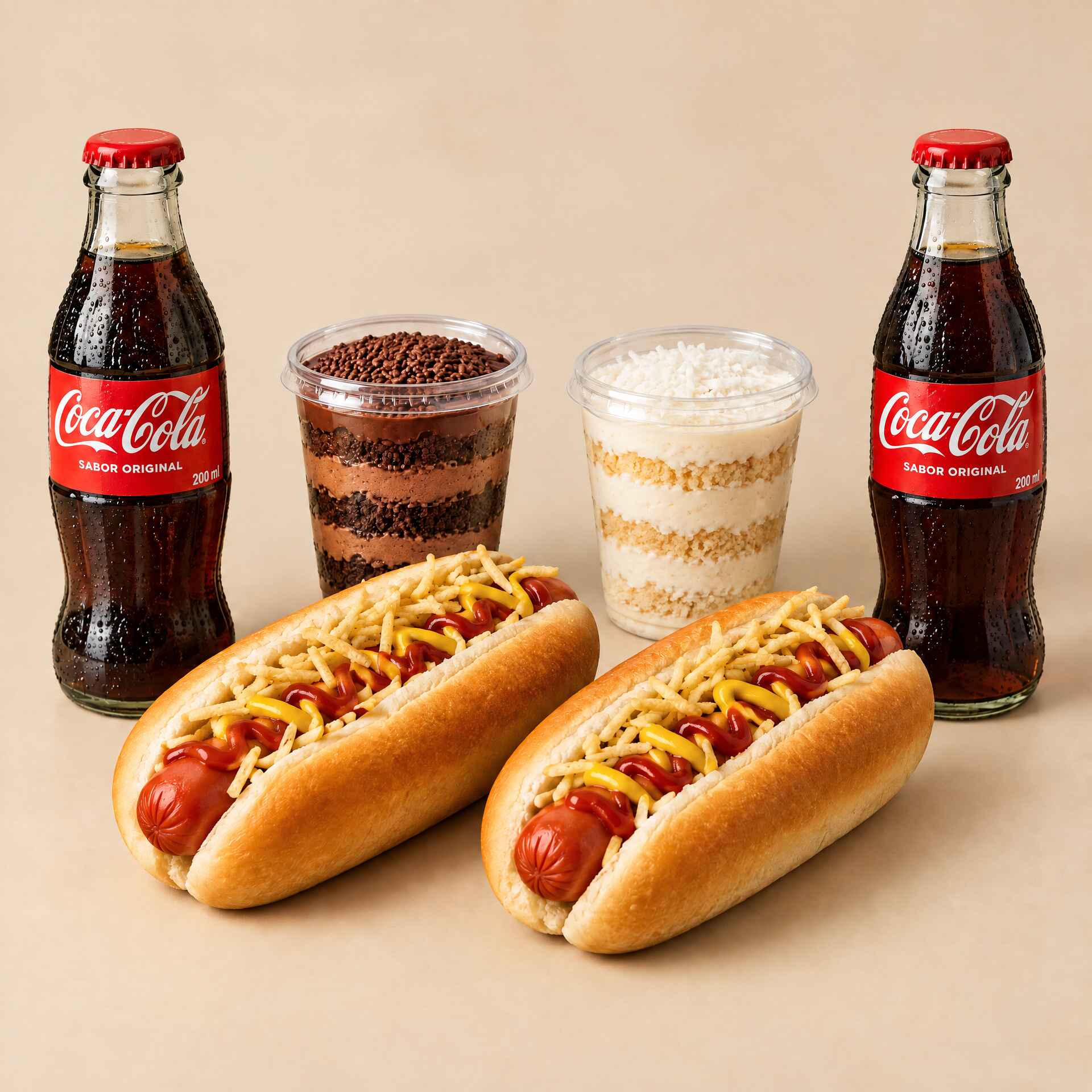 🌭🍰🥤 Combo Duplo Completo
Perfeito para dividir e aproveitar! O combo acompanha 2 Hot Dogs Simples, preparados com pão da casa, salsicha, purê de batata, milho, vinagrete e batata palha, além de 2 deliciosos bolos de pote e 2 Coca-Colas de 200 ml bem geladinhas.
Uma combinação completa para matar a fome e ainda garantir uma sobremesa! 😋❤️