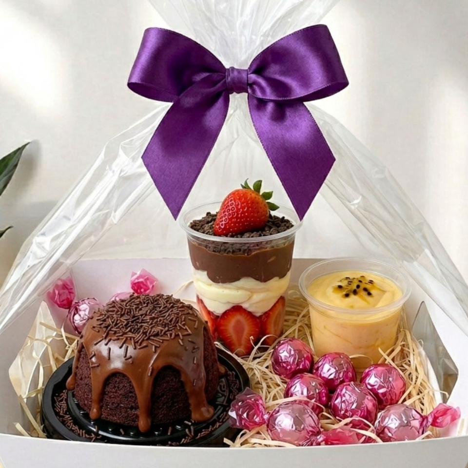 Linda cesta para presentear a pessoa especial ou se presentear, com os itens: 01 Bombom Aberto de Morango 300ml; 01 Bolo Caseirinho de Chocolate 120g; 01 Mousse de Maracujá 140ml; 03 Trufas de Chocolate; 03 de Trufas de Coco; 03 Trufas de Chocolate com Recheio de Chocolate Branco. (aprox. 990g)