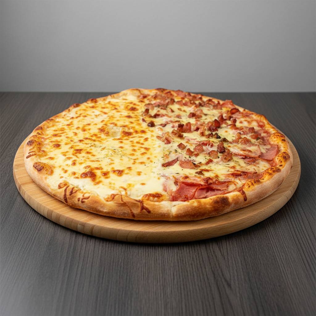 Com muita carne de um lado, e muito queijo do outro, essa combinação é excepcional. Metade com mussarela, presunto, calabresa, lombo canadense, bacon e orégano, e outra metade com mussarela, provolone, Catupiry e orégano.