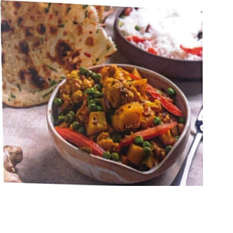 As três principais almas dessa receita são a batata, couve-flor e as ervilhas. cozido em molho de cebola e tomate com especiaria garam masala.
