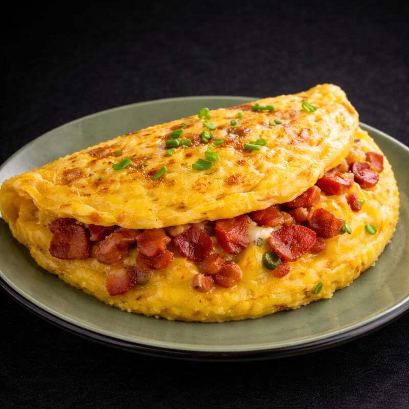 Omelete com 3 ovos caipira, bacon crocante, queijo leve (mussarela) e chimichurri desidratado.