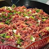 Feijão macassar, arroz, vinagrete, farofa e charque