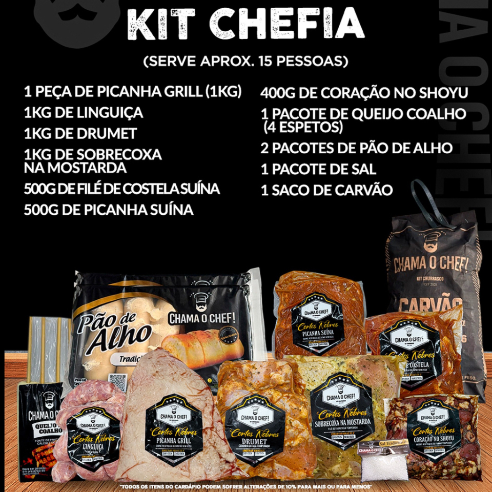 1 Peça de Picanha Grill (1kg a 1,2kg), 1kg de Linguiça, 1kg de Drumet, 1kg de Sobrecoxa na Mostarda, 500g de Filé de Costela Suíno, 500g de Picanha Suína, 400g de Coração, 1 Pacote de Queijo Coalho (4 Espetos), 2 Pacotes de Pão de Alho, 1 Pacote de Sal, 1 Saco de Carvão.