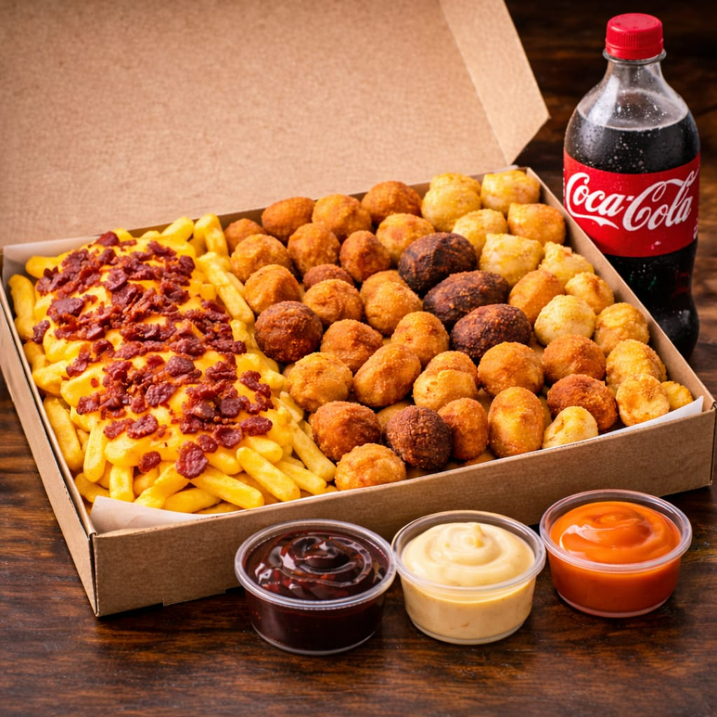 600g batata com cheddar e bacon, 400g anéis de cebola, 200g calabresa acebolada, 200g isca de frango, 200g isca de peixe, Coca-Cola 1L.