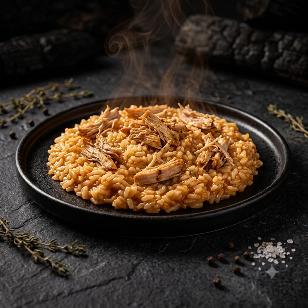 Arroz com molho vermelho com frango desfiado (800g)